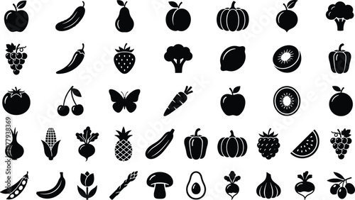 Big collection of black vector fruit and vegetable silhouette icons including apple tomato and broccoli isolated on white background for healthy food design