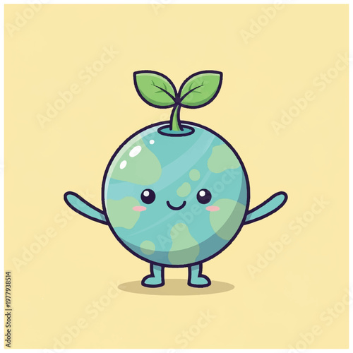 Happy cartoon earth with green leaves.