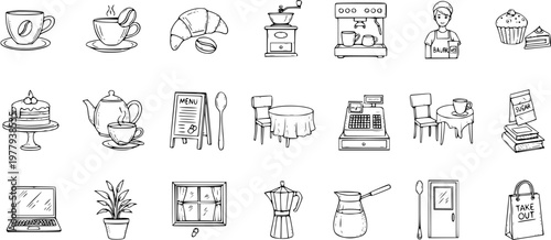 Cafe Line Art Vector: Coffee, Menu, Pastries,  More Perfect for Food Industry Designs and Digital Graphics.