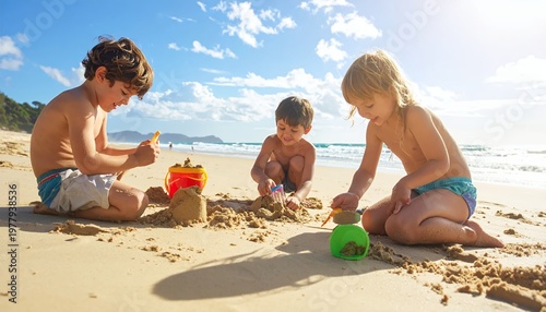 Three young children playing in the sand on a sunny beach.