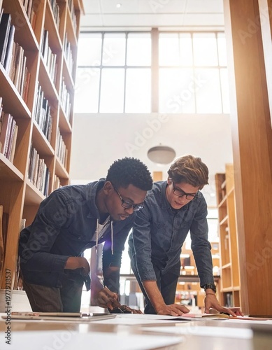 Two diverse students collaborate on research in a university library, surrounded by bookshelves and natural light.
