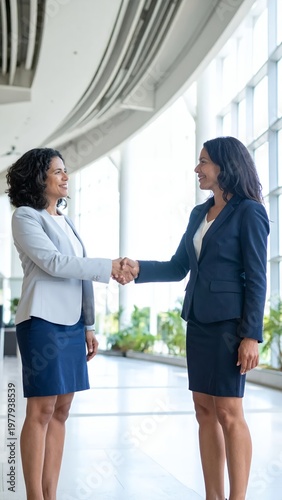 Two diverse businesswomen shaking hands in a modern office building, symbolizing partnership and agreement.