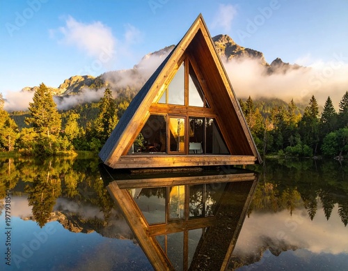 Tranquil A-Frame Cabin Reflected in Calm Lake with Mountain Backdrop.