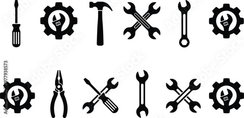 Big collection of black vector hand tool silhouettes and icons including wrenches hammer screwdriver and gears isolated on white background for repair service design