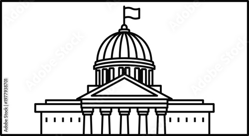 Minimalist line art illustration of United States Capitol building dome for government politics Washington DC travel and American democracy icons.