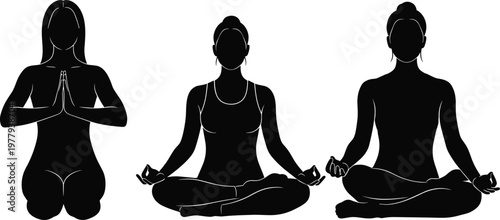 Three Women Practicing Yoga Meditation in Silhouette Featuring Lotus Pose and Namaste Mudra for Wellness and Spiritual Healthy Lifestyle Vector