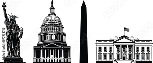 United States Landmark Vector Set Featuring Statue of Liberty Washington Monument US Capitol Building and White House Icon Silhouette Illustrations