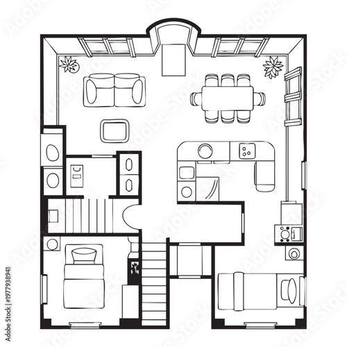 Black and white of a detailed kitchen interior layout kitchen layout interior floor plan