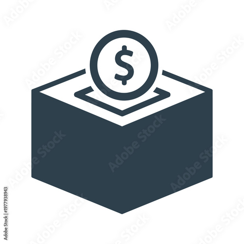 Dark gray dollar coin going into a deposit box slot  financial transactions icon