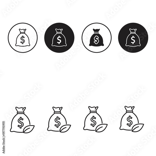 Eight different money bag icons with dollar signs and leaves on white background icon