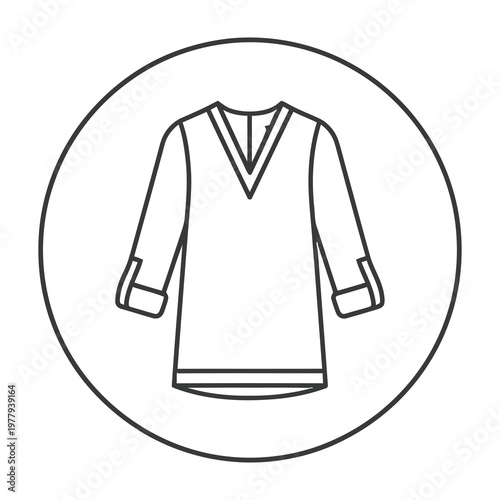 Long sleeve tunic shirt with V-neckline and cuffed sleeves in simple line drawing style