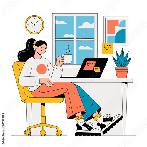 Young female freelancer focused working in home office setup with monitor