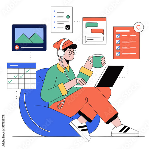 Productive young tech professional with headphones on bean bag working remotely