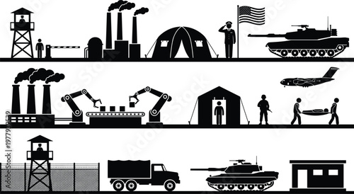 Black vector silhouette banners of military bases featuring guard towers tanks army tents soldiers and industrial factories isolated on white background for defense design