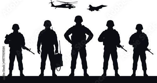 Black vector silhouette of a military soldier squad with rifles and radio gear standing under flying helicopter and fighter jet isolated on white background