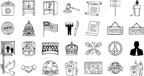 Black and White Line Art Icons Representing Election and Democracy Concepts