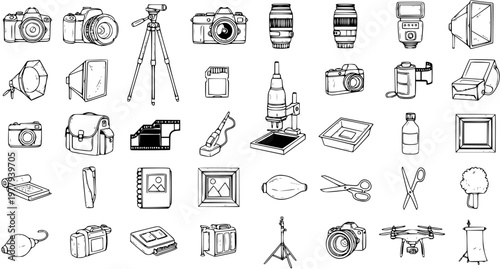 Photography Equipment Line Art: Camera, Lens, Tripod, Drone, Studio Light, Reflector, Flash, Developing Tank, Bulb, Scissors, Album, SD Card, Bag Vector Icons