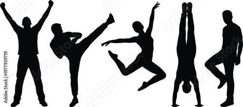 Collection of five black vector people silhouettes in active poses including martial arts kick jumping dancing and handstand isolated on white background for lifestyle design