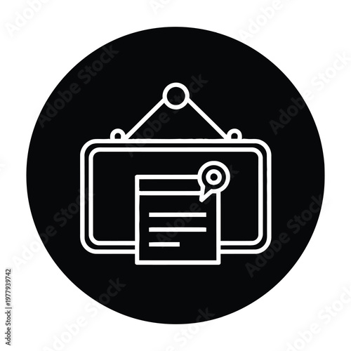 Hanging sign with location pin on a document, symbolizing direction and information