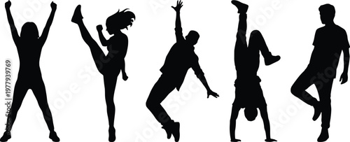 Collection of five black vector people silhouettes in dynamic active poses including cheering jumping dancing and breakdancing isolated on white background for lifestyle design
