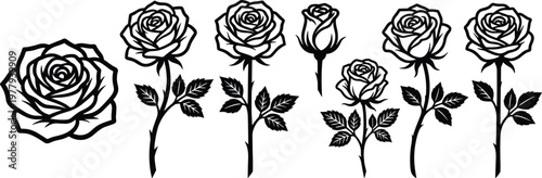 Collection of seven black vector rose flower silhouettes and line art including stems leaves and buds isolated on white background for botanical graphic design