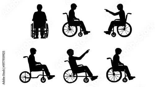 Silhouette of people in wheelchairs.