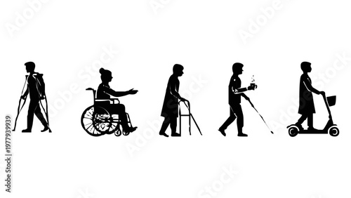 People with mobility aids walking slowly.