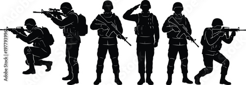 PrintCollection of six black vector military soldier silhouettes with detailed gear outlines in tactical poses isolated on white background for army graphic design