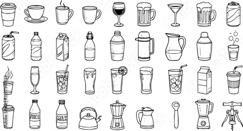 Food and Drink Beverages and Kitchenware Doodle Line Art Icons Set. Hand Drawn Collection of Cafe, Bar, and Household Items in Black and White Outline Style for Menu or Decor.