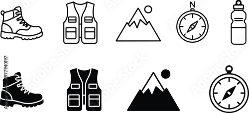 Outdoor adventure icon set, hiking boots vest mountain compass water bottle symbols, outline and solid styles, travel vector illustration isolated on white background