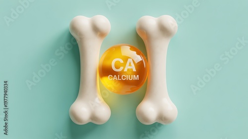 Calcium supplement, bone health, nutrition concept, white bones, orange vitamin