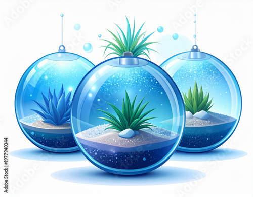Terrarium glass wellness orbs containing layered crystal sands, air plant silhouettes, and condensation bead trails with lid hinge details, enclosed prism lighting, ethereal mist blues, clustered orb 