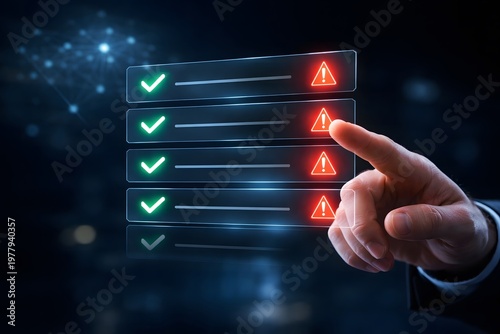 Finger selecting items on digital AI checklist interface with warning alerts and verification system
