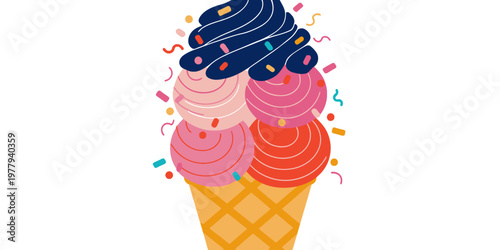 Ice cream cone illustration with a single scoop of vanilla and a wafer cone, presented in a clean vector art style on a white background.