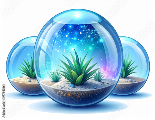 Terrarium glass wellness orbs containing layered crystal sands, air plant silhouettes, and condensation bead trails with lid hinge details, enclosed prism lighting, ethereal mist blues, clustered orb 