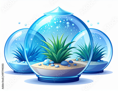 Terrarium glass wellness orbs containing layered crystal sands, air plant silhouettes, and condensation bead trails with lid hinge details, enclosed prism lighting, ethereal mist blues, clustered orb 
