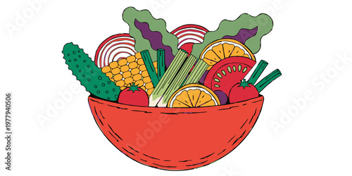 Salad bowl illustration with fresh vegetables and healthy ingredients, presented on a clean white background for culinary and dietary concepts.