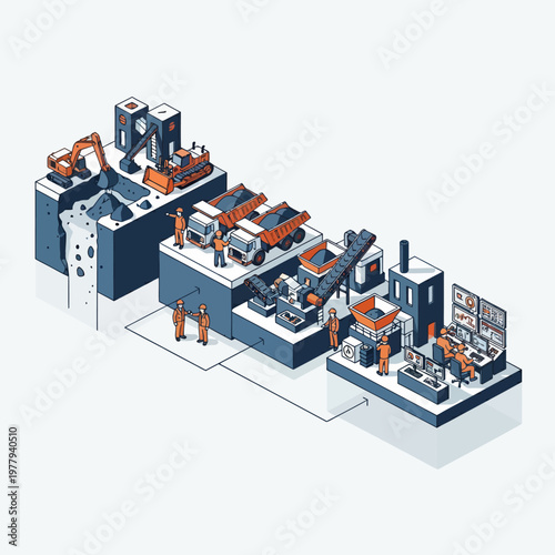 Isometric Mining and Processing Plant with Heavy Machinery and Workers.