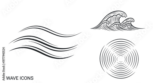 Hand-drawn wave icons and symbols in black and white line art