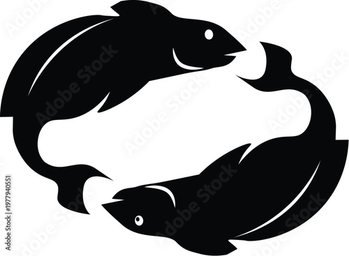 Pisces Zodiac Symbol of Two Fish Swimming in a Circle, Black and White Illustration