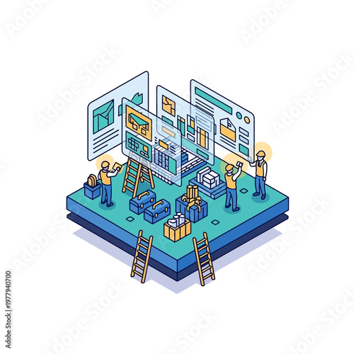 Team of developers building and optimizing a website interface.