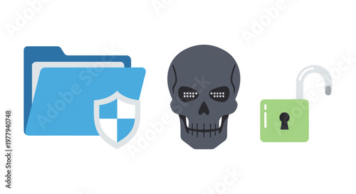 Cybersecurity concept: Folder with shield, skull icon, and unlocked padlock