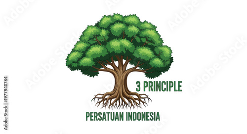 Tree of life with roots, 3 Principles, Persatuan Indonesia text, white background