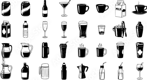 Black and White Line Art Drinks and Beverages Icon Set for the Food and Drink Industry, a Diverse Collection of Monochrome Glyphs Depicting Various Containers like Cans, Bottles, Glasses, Mugs.