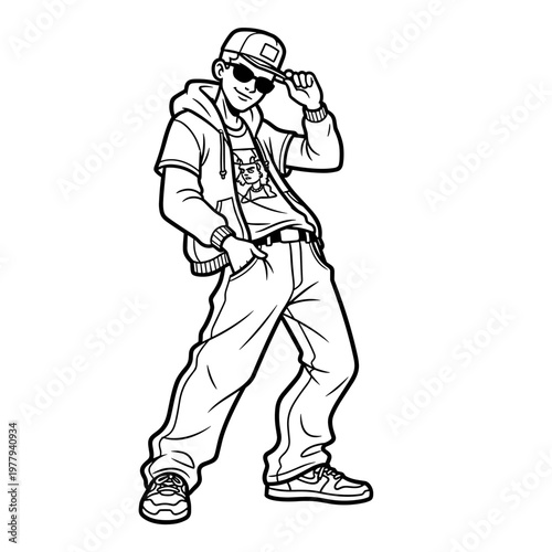 Cool Young Boy Wearing Hip Hop Style Clothing and Cap.