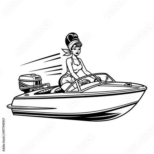 Retro Woman Driving a Speedboat with Style.