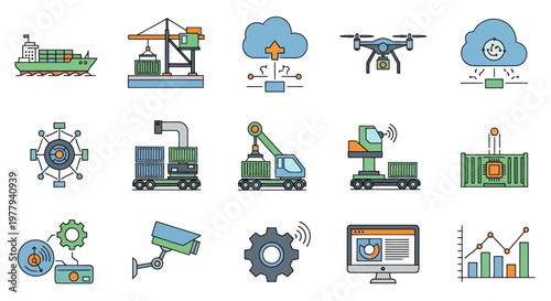 Smart Logistics Icons Set: Drone, Ship, Crane, Cloud, Computer, Data