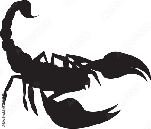 Striking black silhouette vector illustration of a dangerous scorpion, perfect as an icon or graphic element for designs related to desert wildlife, predatory insects, or warning symbols