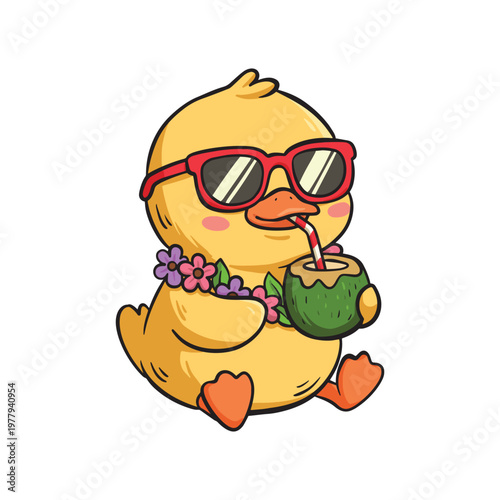 Cute yellow duck with sunglasses drinking coconut water, summer vacation vibe.