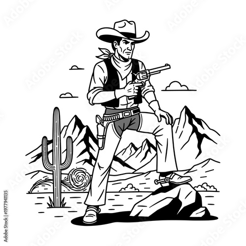Vintage Cowboy Holding Revolver in Desert Landscape.